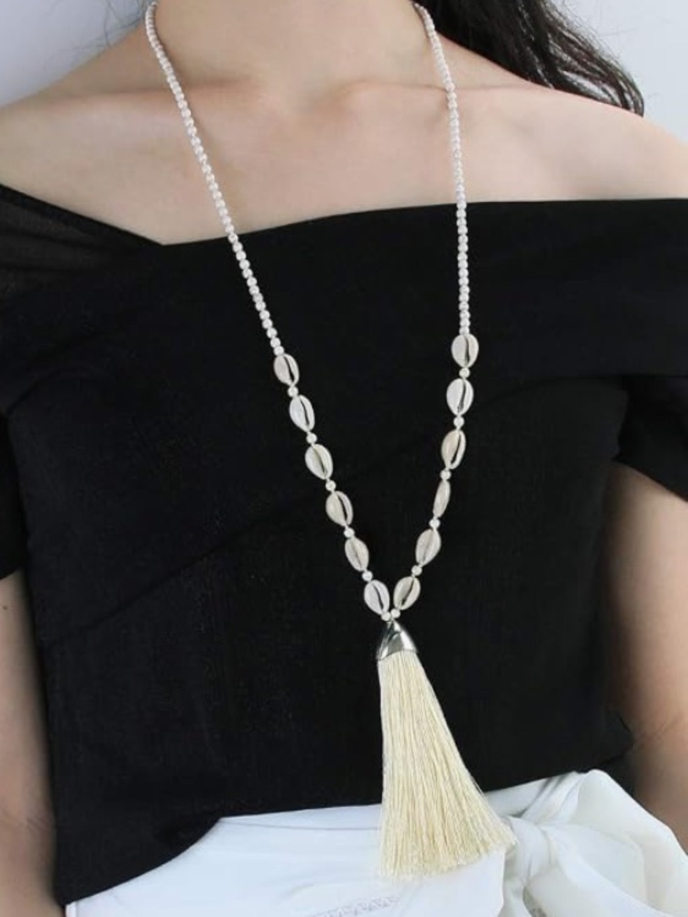 Cream Shell Bead Tassel Necklace